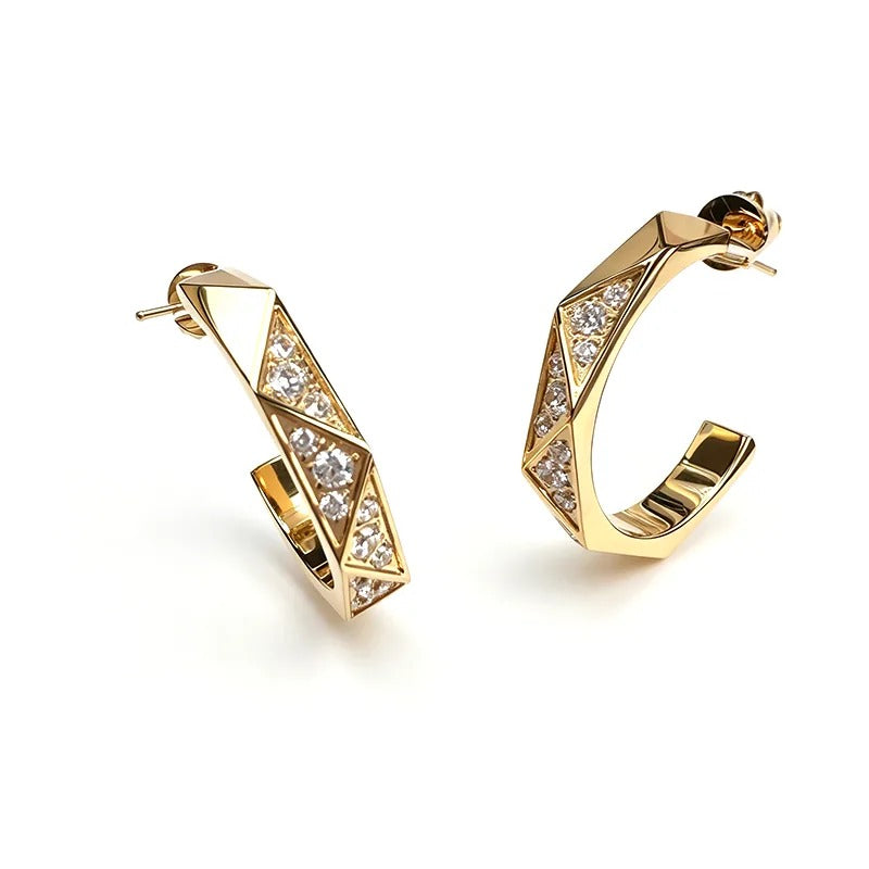 Gold faceted C-hoop earrings with pavé stones